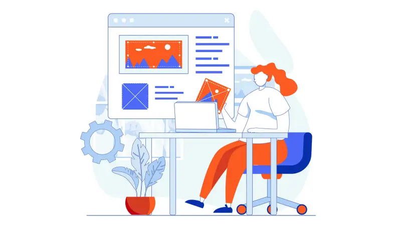 Illustration of a woman at a laptop learning web design with layout icons.