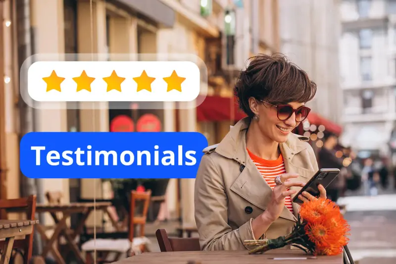 A woman reads her phone at a cafe beside a five-star Testimonials badge.