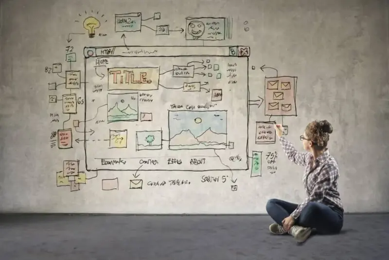 A woman sitting on the floor sketches a website plan on a wall.