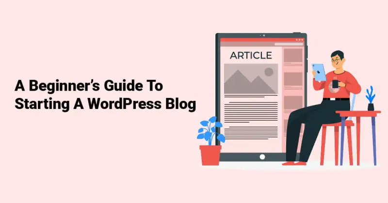 Illustration of a person reading an article for a WordPress blog guide.